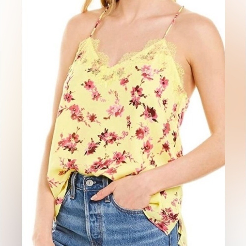 Cami NYC 100% Silk Georgette Lacey Tank Hibiscus Floral Yellow S Vacation Casual